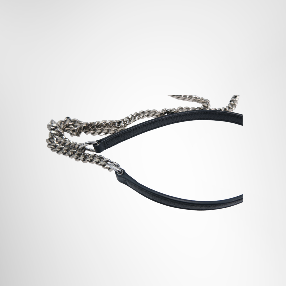 Saint Laurent Preowned Luxury Black Matelasse Leather Wallet on Chain in Silver Strap View