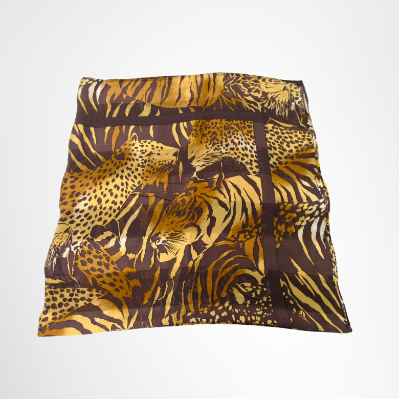 Saint Laurent Preowned Luxury Jungle Wildlife Collage Print Silk Scarf Folded View - Antonio & Co.