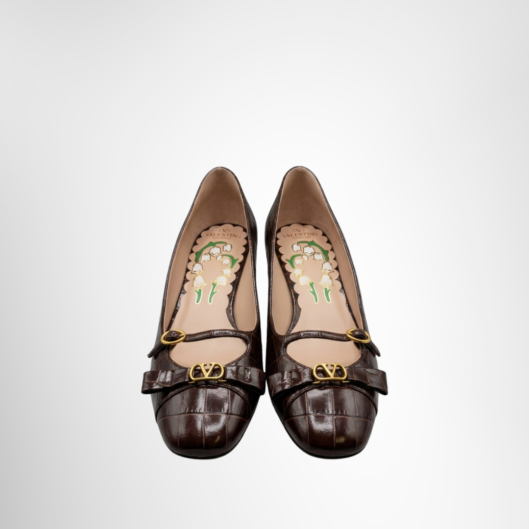Valentino Preowned Luxury Shoes Bowow Décolleté 45 Croc-Effect Leather Pumps Front View 