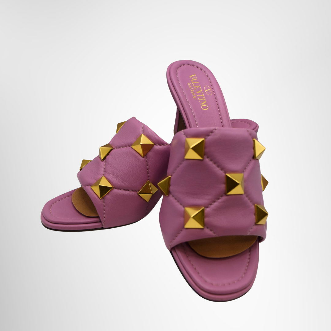 Valentino Preowned Luxury Slide Roman Stud Quilted Leather Slide Front View 2