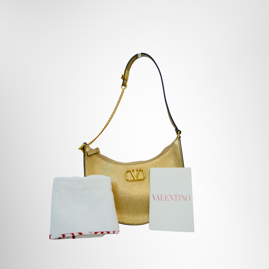 Valentino Preowned Luxury V Logo Signature Mini Hobo Bag Front View with Dustbag - Antonio & Co.