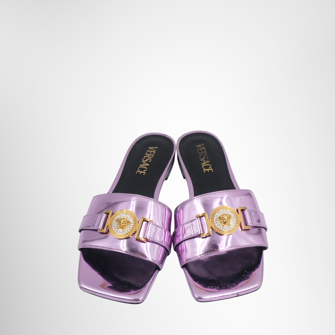Versace Preowned Luxury Sandal Leather Sandal Metallic Pink Front View