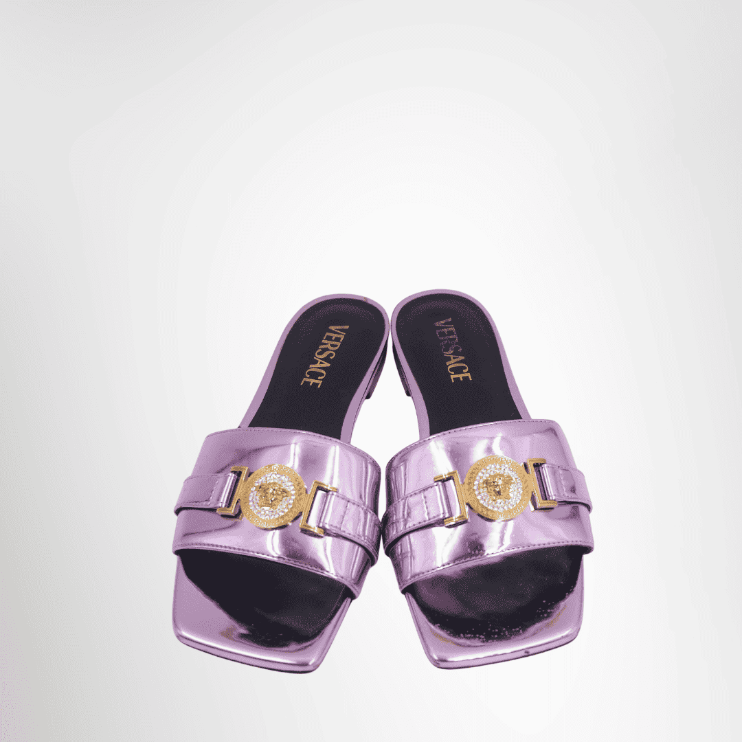 Versace Preowned Luxury Sandal Leather Sandal Metallic Pink Front View