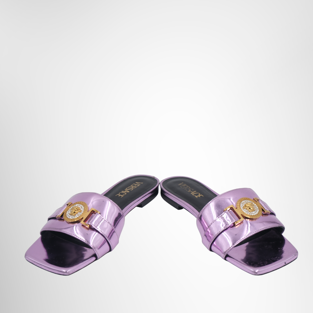 Versace Preowned Luxury Sandal Leather Sandal Metallic Pink Front View 2