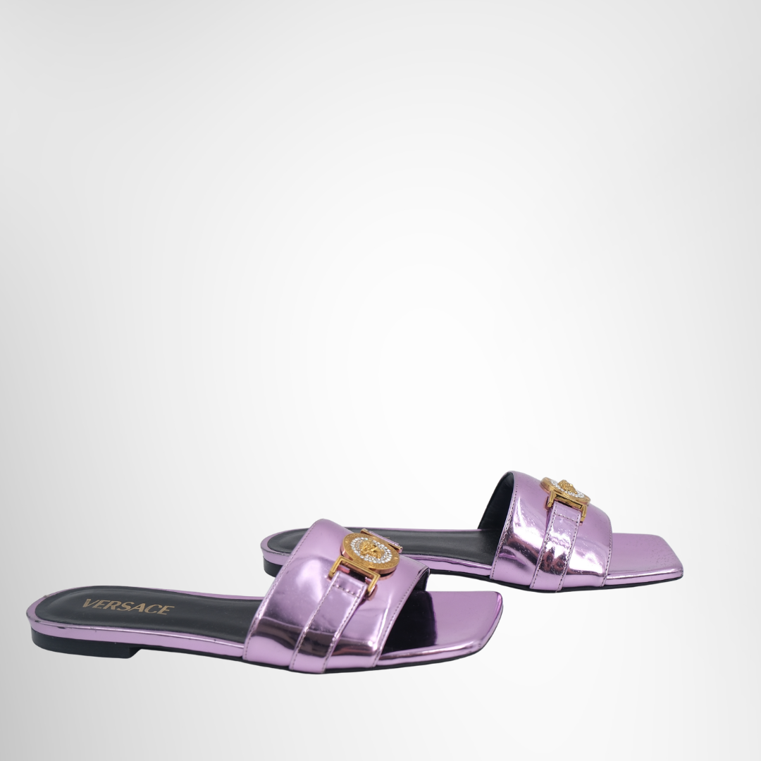 Versace Preowned Luxury Sandal Leather Sandal Metallic Pink Side View