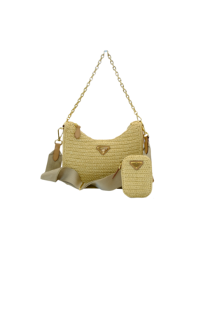 PRADA Re-Edition 2005 Crochet Shoulder Bag with Beige Raffia